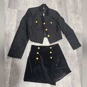Black Cropped Jacket and Skirt Set with Gold Buttons